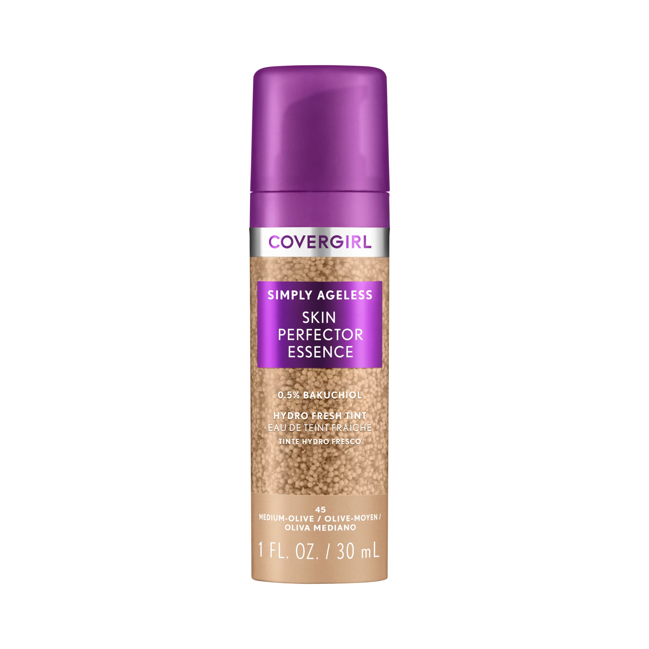 COVERGIRL Simply Ageless Skin Perfector Essence, 45 Medium-Olive, Skin Tint, Lightweight Foundation, Skincare Makeup Hybrid, Vegan Formula, Radiant Finish, 1oz