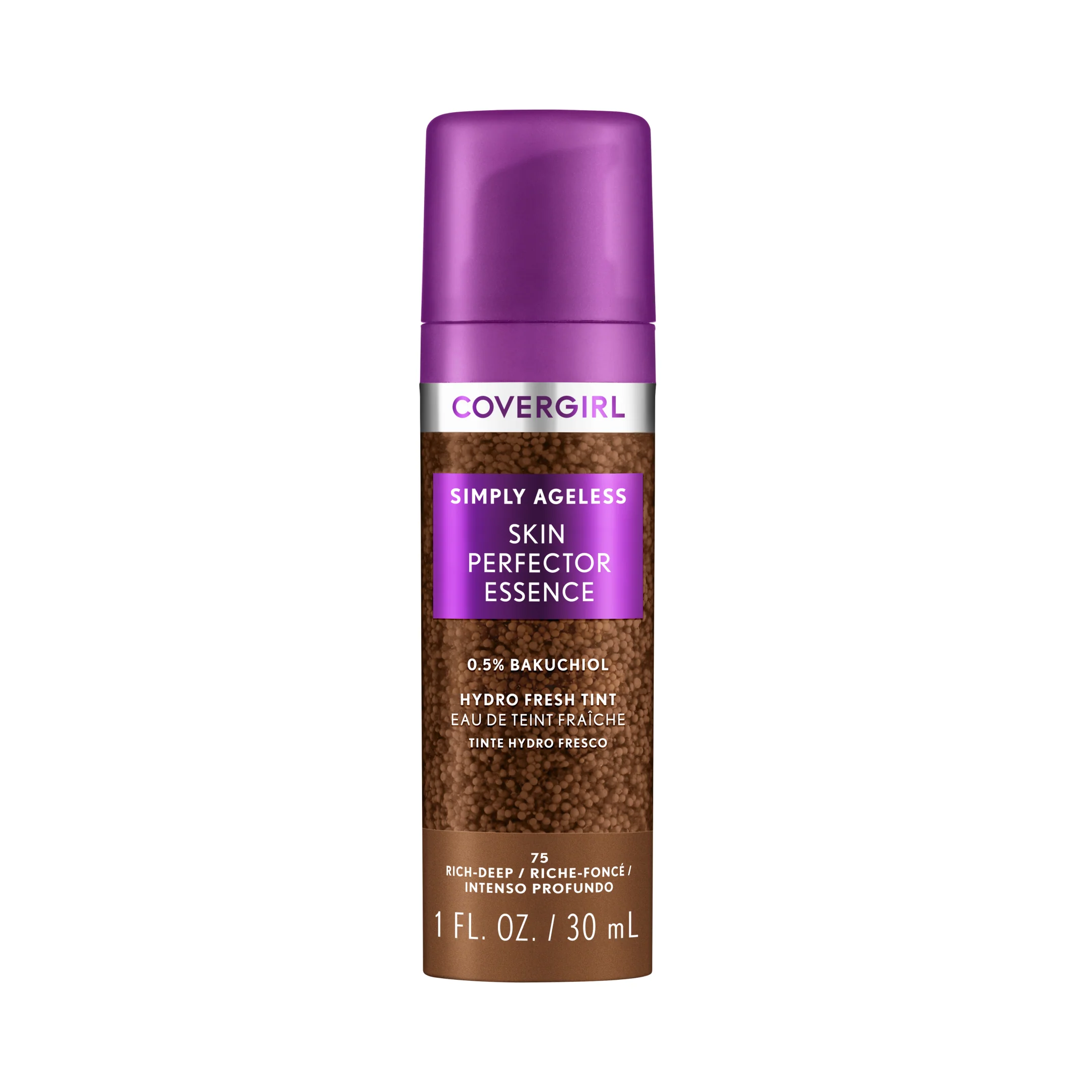 COVERGIRL Simply Ageless Skin Perfector Essence, 75 Rich-Deep, Skin Tint, Lightweight Foundation, Skincare Makeup Hybrid, Vegan Formula, Radiant Finish, 1oz